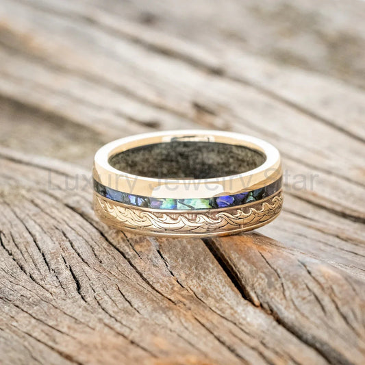 "Triton" - Wave Engraved Wedding Band With Paua Shell & Sand Lining - 14K Yellow Gold - image 2