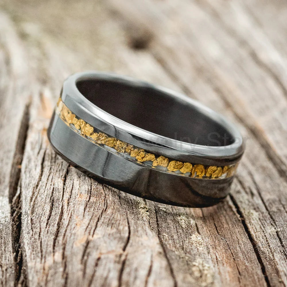 "Vertigo" - Gold Nugget Inlay Wedding Ring - Black Zirconium (8mm) - Size 8 1/2 - image 3