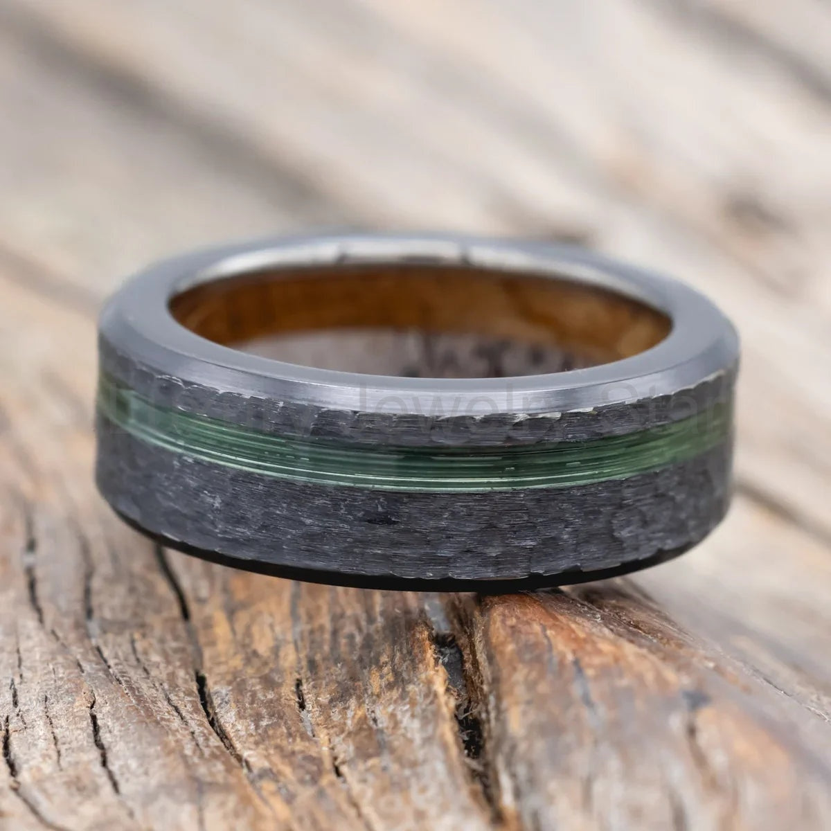 "Vertigo" - Green Mono Fishing Line Inlay Wedding Ring Featuring An Antler & Whiskey - image 4