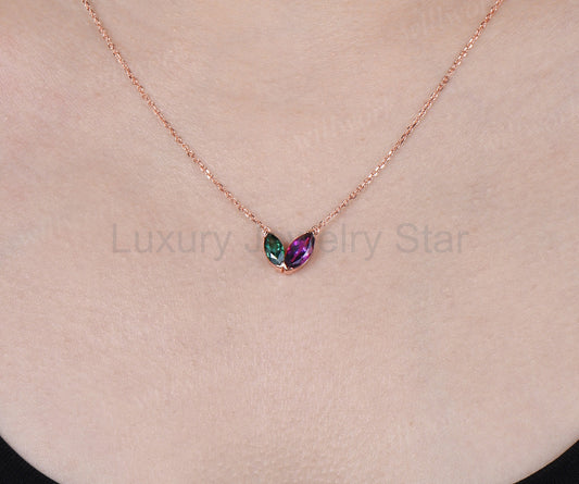 Marquise Cut Emerald Amethyst Necklace Dainty Two Birthstones Pendant with V Prong Minimalist Toi Et Moi Necklace Gifts for Her