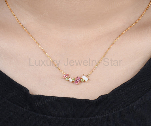 Oval Padparadscha Pink Sapphire Opal Peridot Necklace Multi Stone Bar Pendant Delicate Birthstone Jewelry