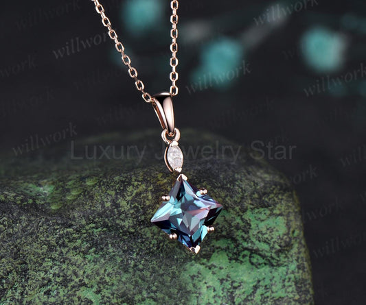 Princess cut alexandrite necklace 14k rose gold two stone marquise moissanite pendant - image 2