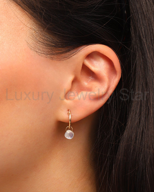 Rainbow Moonstone Heart Floating Drop Huggies | 12mm - image 2
