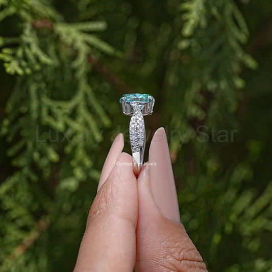 Blue Oval Moissanite Accent Wedding Ring