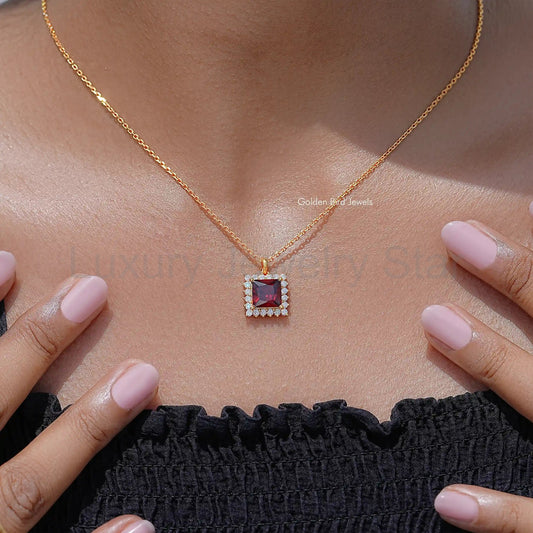 Red Ruby Princess Cut Moissanite Gemstone Halo Pendant