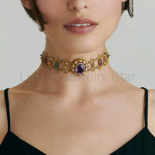 Amethyst and Basse-Taille Enamel Gold Plaque Necklace - image 2