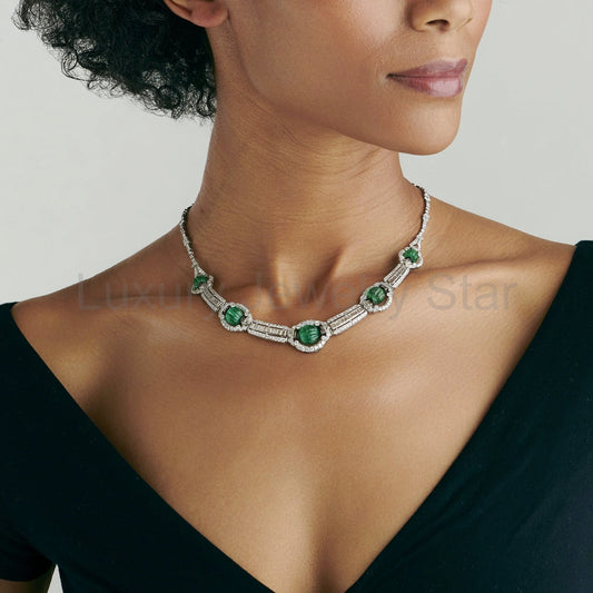 Carved Emerald Bead and Diamond Collar Necklace - image 2