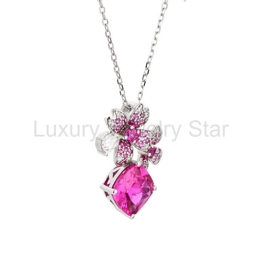 Cushion Cut Red Corundum Cluster Sterling Silver Necklace - image 2