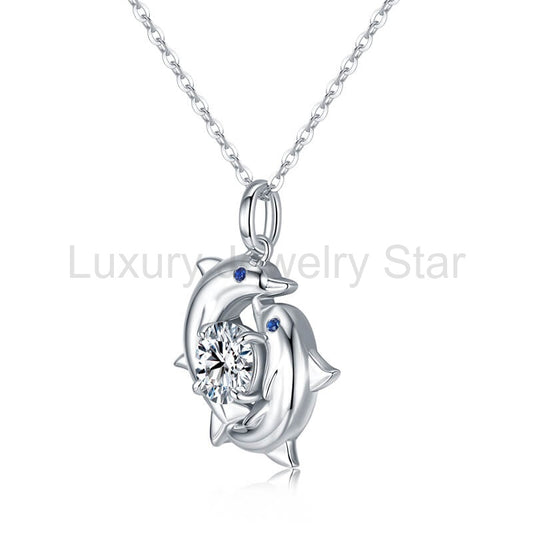 Double Dolphin Surround Moissanite Necklace In Sterling Silver - image 2