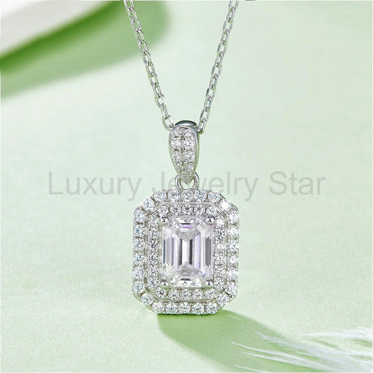 Double Halo Emerald-Cut Moissanite Pendant Necklace - image 2