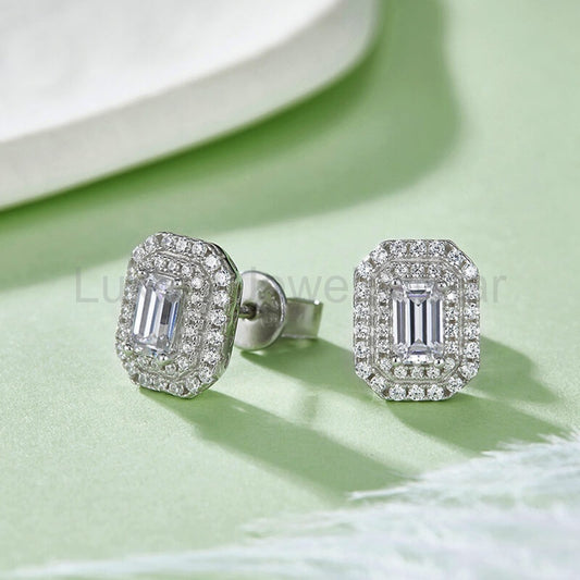 Double Halo Emerald-Cut Moissanite Stud Earrings In Sterling Silver - image 2