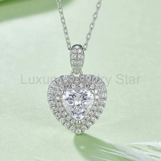 Double Halo Heart Cut Moissanite Pendant Necklace - image 2