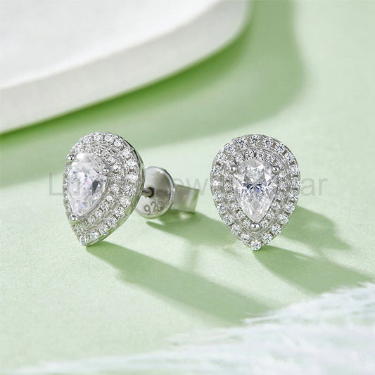 Double Halo Pear Cut Moissanite Stud Earrings In Sterling Silver - image 2