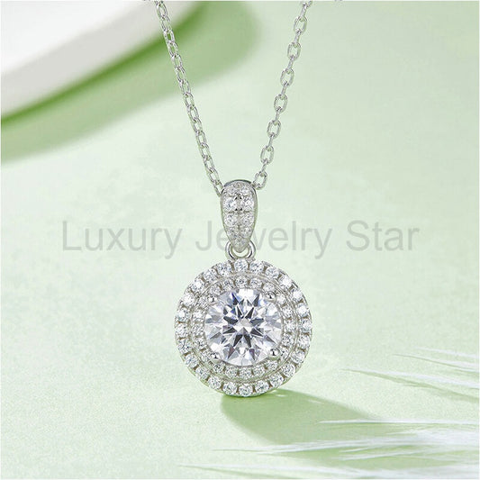 Double Halo Round Moissanite Pendant Necklace - image 2