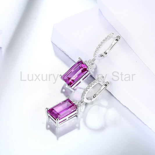 Emerald-Cut Purple Sapphire Drop Earrings In Sterling Silver - image 2