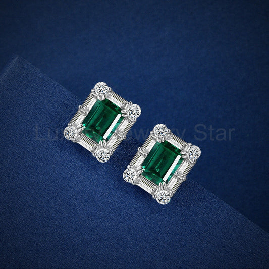 Halo Lab-Created Emerald Baguette Accents Sterling Silver Stud Earrings - image 2
