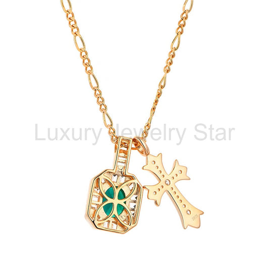 Halo Oval Emerald With Cross Necklace In Sterling Silver - image 2