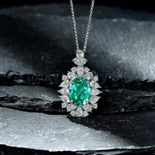 Halo Oval Paraiba Cluster Sterling Silver Necklace - image 2
