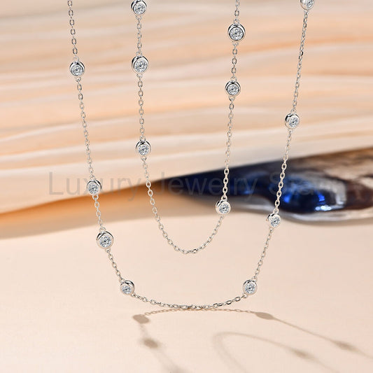 Layered Spaced Bezel Set Round Moissanite Sterling Silver Necklace - image 2