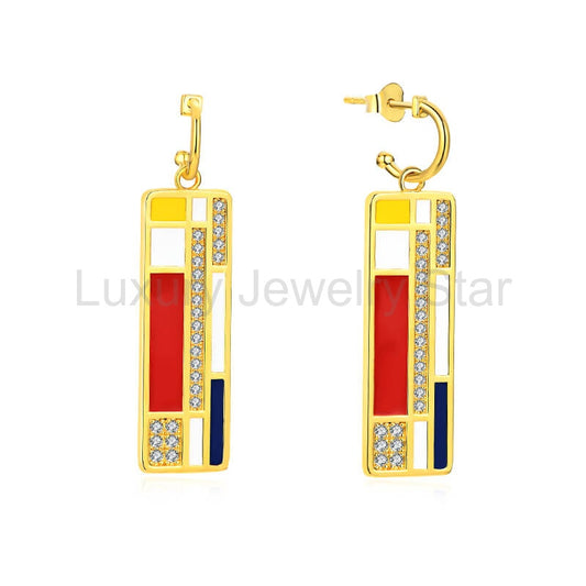Mondrian "Famous Paintings" Inspired Moissanite Enamel Drop Earrings In Sterling Silver - image 2
