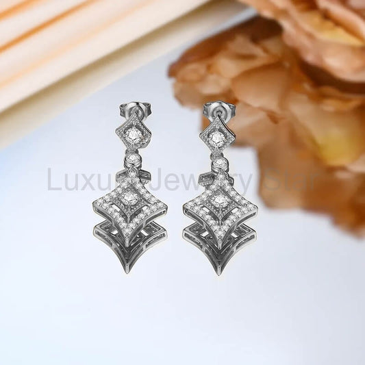 Vintage Halo Moissanite Rhombic Drop Earrings In Sterling Silver - image 2