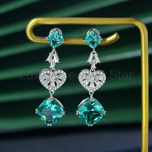 Cushion Paraiba Tourmaline Heart-Shaped Sterling Silver Drop Earrings - image 2