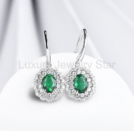 Double Halo Oval Lab-Created Emerald Sterling Silver Drop Earrings - image 2