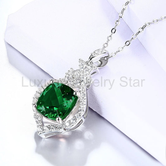 Halo Cushion Lab-Created Emerald Sterling Silver Necklace - image 2