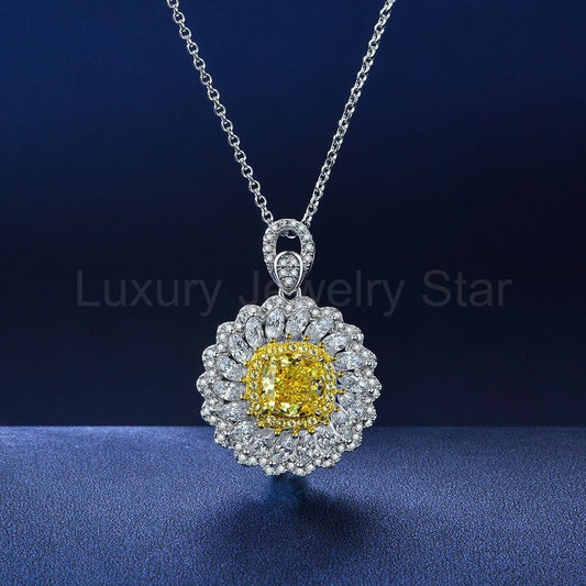 Halo Cushion Yellow Lab-Sapphire Two Tone Sterling Silver Necklace - image 2