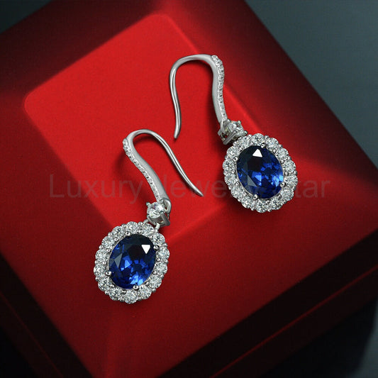 Halo Oval Lab-Sapphire Sterling Silver Drop Earrings - image 2