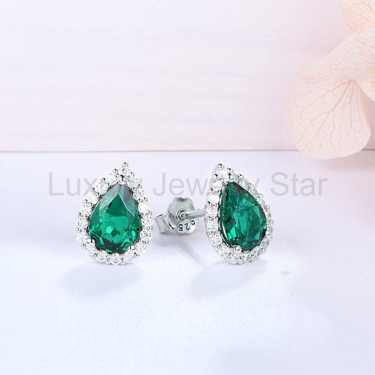 Halo Pear Lab-Created Emerald Sterling Silver Stud Earrings - image 2