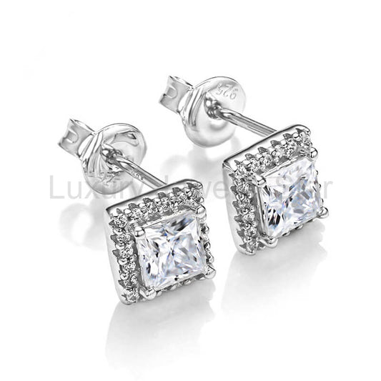 Halo Princess Cut Moissanite Stud Earrings In Sterling Silver - image 2