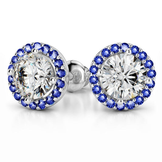 Moissanite And Sapphire Halo Stud Earrings In Sterling Silver - image 2