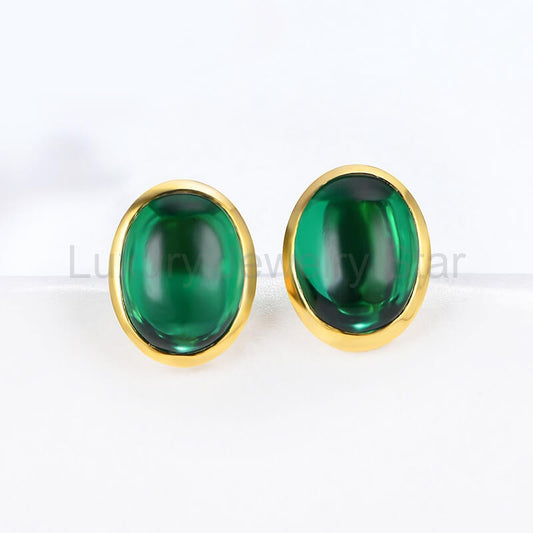 Oval-Shaped Lab-Created Emerald Bezel Sterling Silver Stud Earrings - image 2