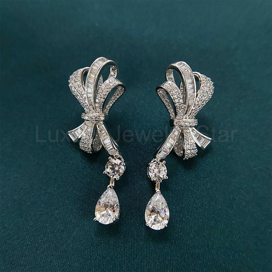 Pear Lab-Sapphire Bow Sterling Silver Drop Earrings - image 2