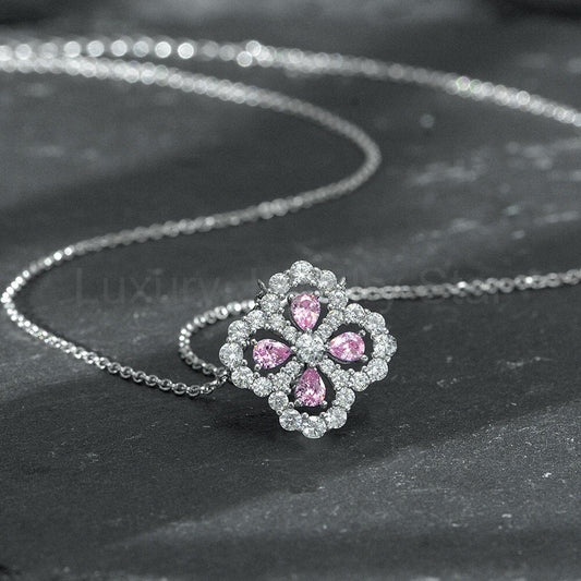 Pear Lab-Sapphire Four Leaf Clover Sterling Silver Necklace - image 2