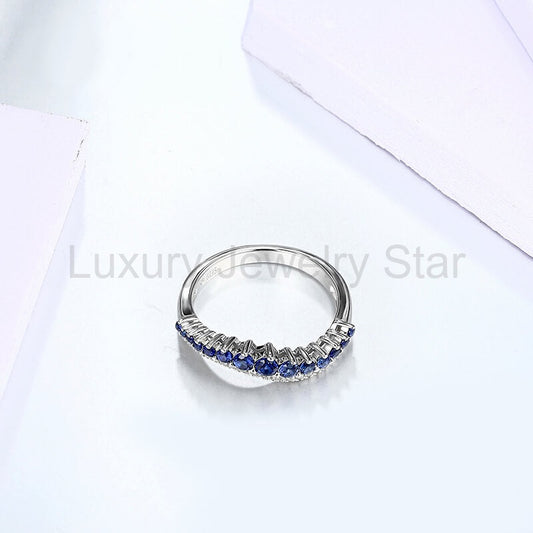 Round Created Sapphire Curved Sterling Silver Wedding Band Ring - image 2