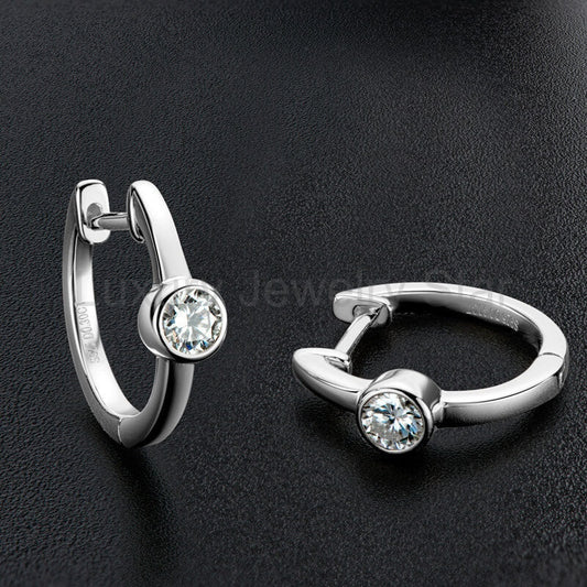 Solitaire Huggie Bezel Moissanite Hoop Earrings In Sterling Silver - image 2