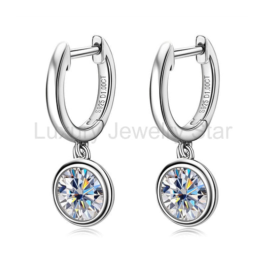 Solitaire Moissanite Bezel Drop Huggie Hoop Earrings In Sterling Silver - image 2