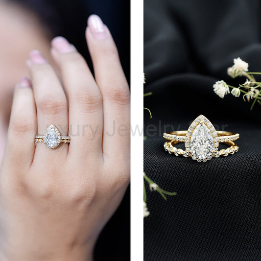 IGI Certified Pear Shaped Lab Grown Diamond Halo Wedding Ring Set 1 Carat - image 2