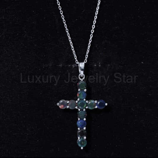 Natural Black Opal Cross Pendant Necklace in Silver