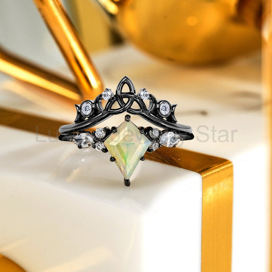 1 Ct Kite Cut Lab Opal Tiara Wedding Ring Set - image 2