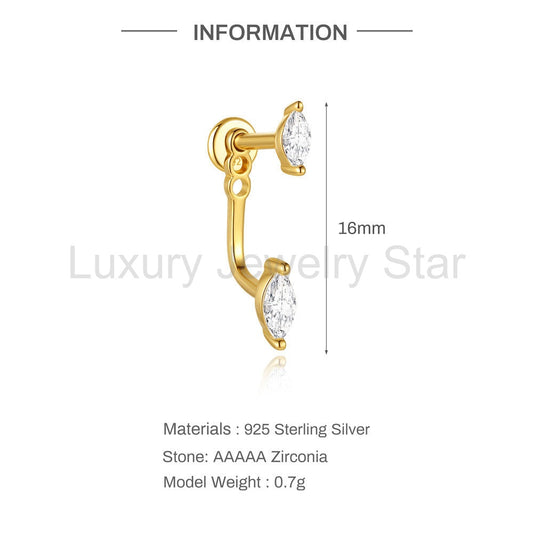 S925 Sterling Silver Marquise CZ Adjustable Flat Back Earrings 1.0*8mm - image 2