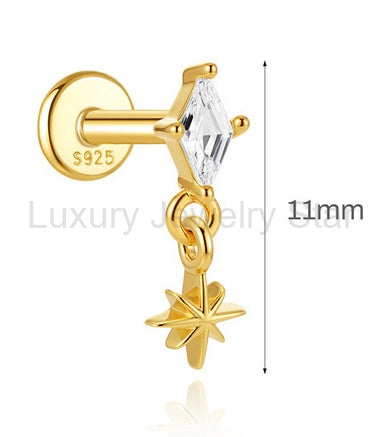 Sterling Silver 16G Internal Thread Dangle Flat Back Earrings, Heart Star CZ Drop Chain - image 2