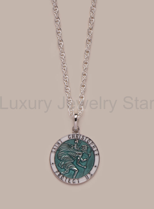 925 Sterling Silver Light Blue Enamel Saint Christopher Pendant Necklace - image 2