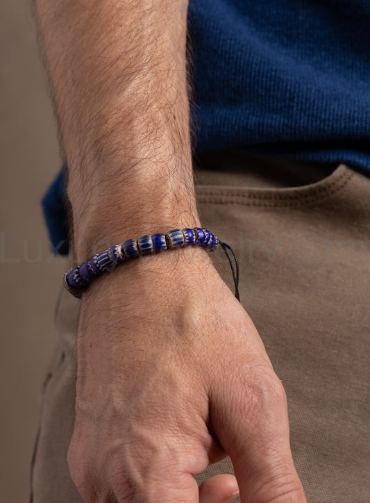 One-of-a-kind Diamond + African Blue Chevron Bead Bracelet