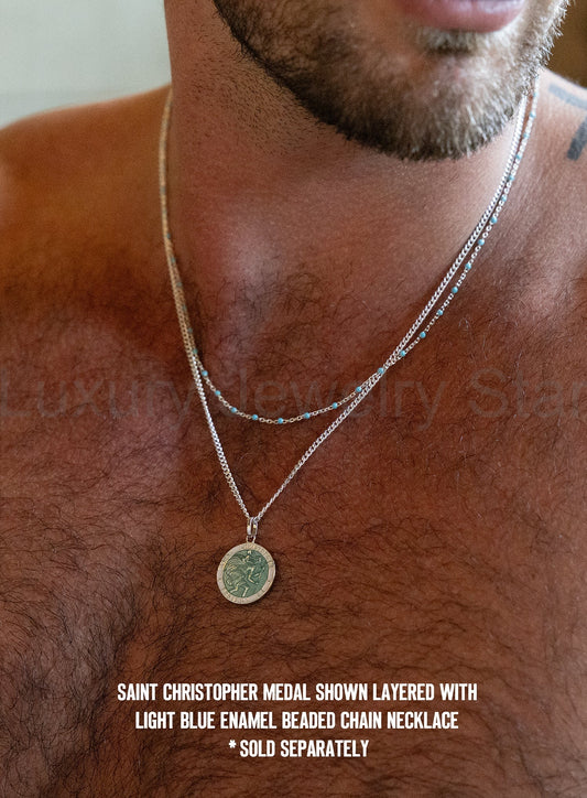Sterling Silver Blue Enamel Saint Christopher Medal Necklace for Men - image 2