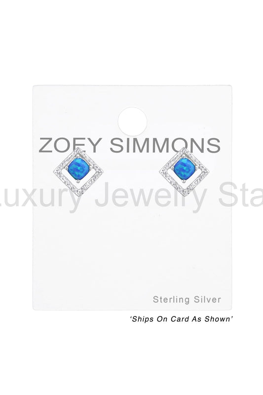 Sterling Silver Square Ear Studs With Opal - SS - image 2