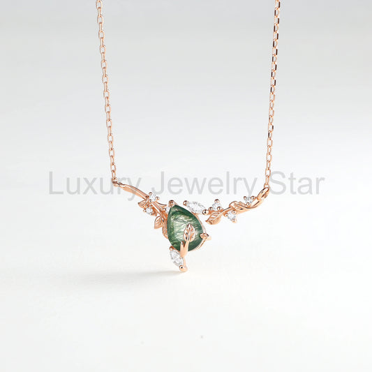 Elowen Pear Cut Moss Agate Nature Inspired Leaf & Branch Necklace - image 2