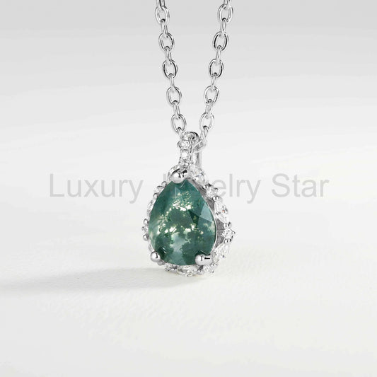 Timeless Pear Cut Moss Agate Sterling Silver Necklace - Ready to Ship - image 2